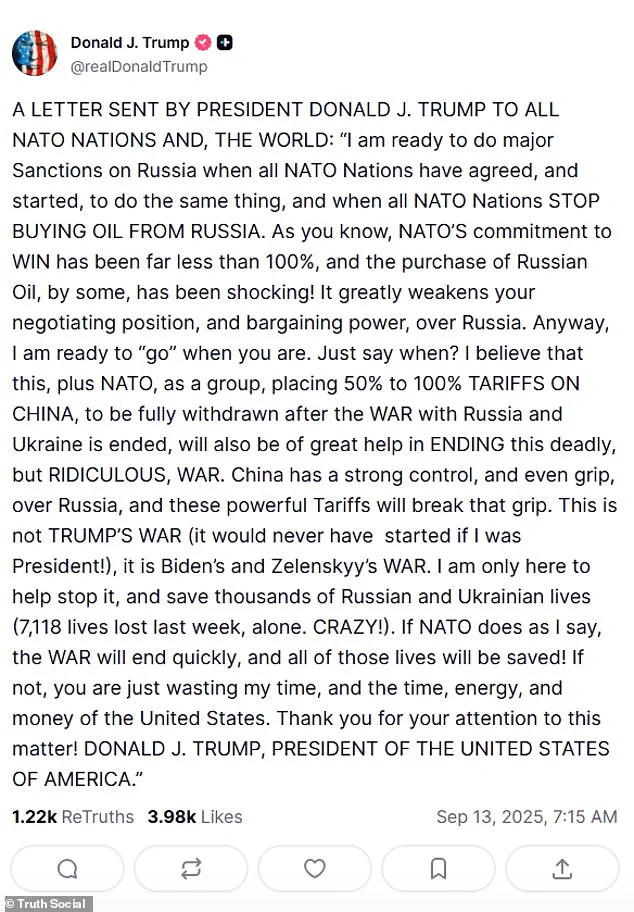 Trump Accuses NATO Allies of Undermining Diplomacy by Purchasing Russian Oil, Threatens Sanctions on Moscow