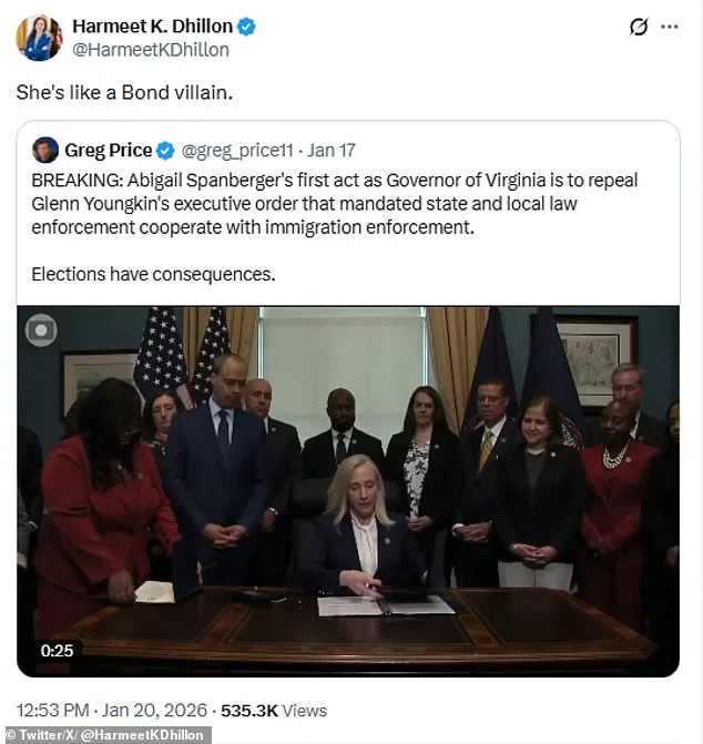 Governor Abigail Spanberger’s Executive Orders Ignite Controversy as Critics Brand Her a ‘Bond Villain’ for Abandoning Campaign Promises of Moderation