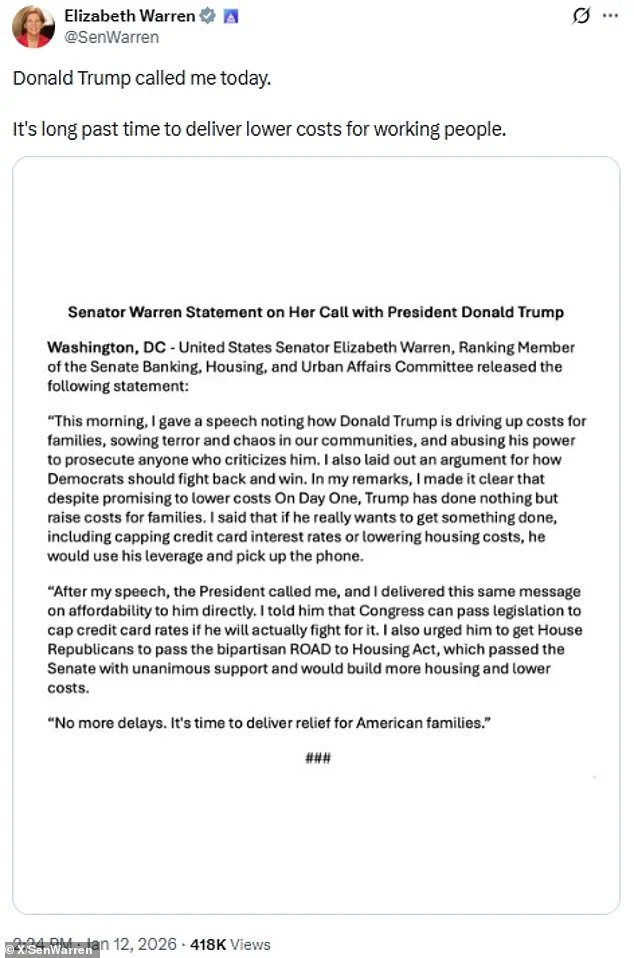 Unexpected Collaboration: Trump and Warren Discuss Lowering Costs for Working-Class Americans Amid Political Tensions